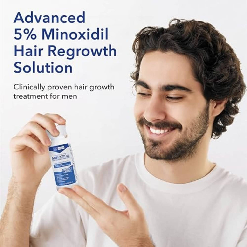 Minoxidil 5% topical solution bottle with dropper, labeled for men