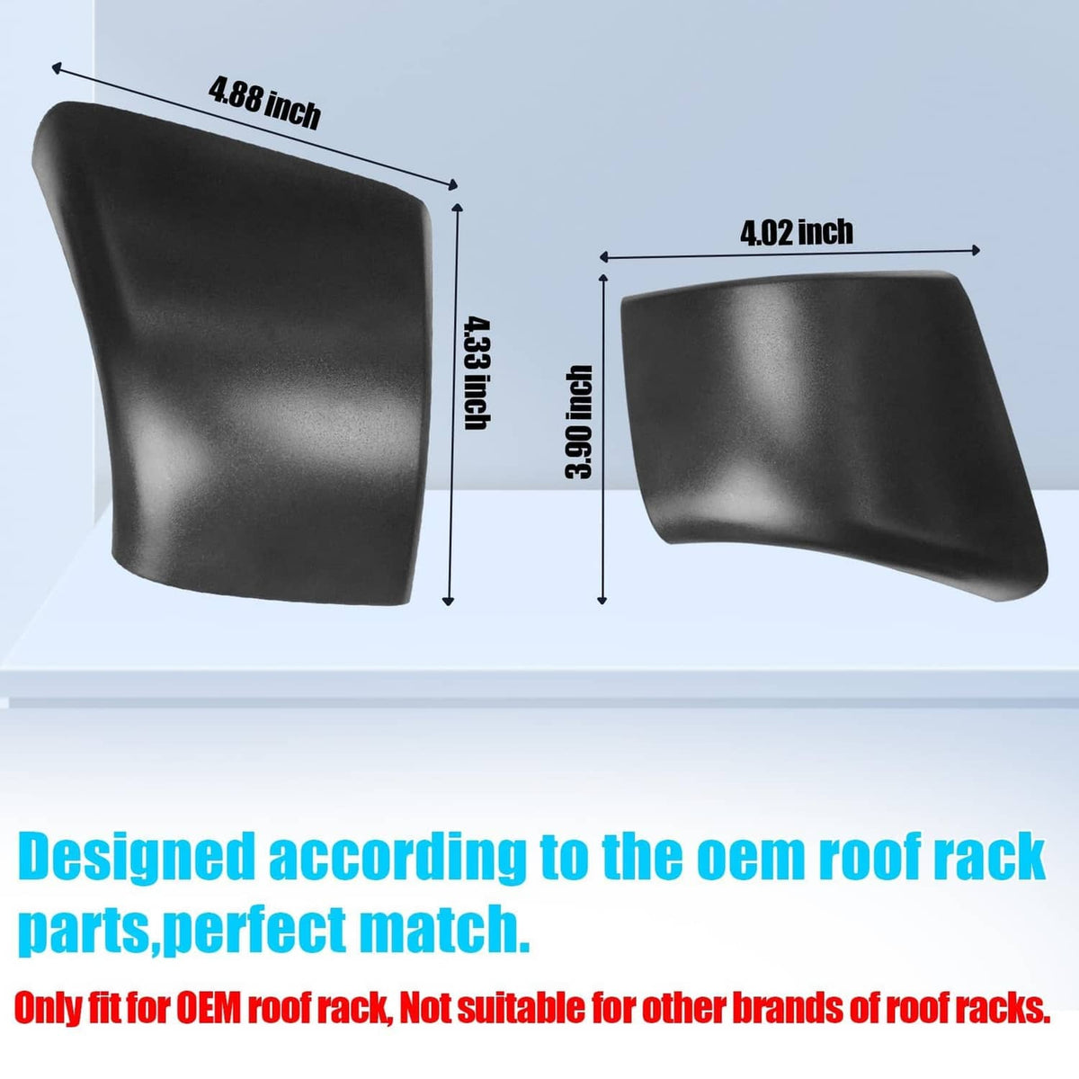Black curved roof rack end cap covers, left and right size dimensions