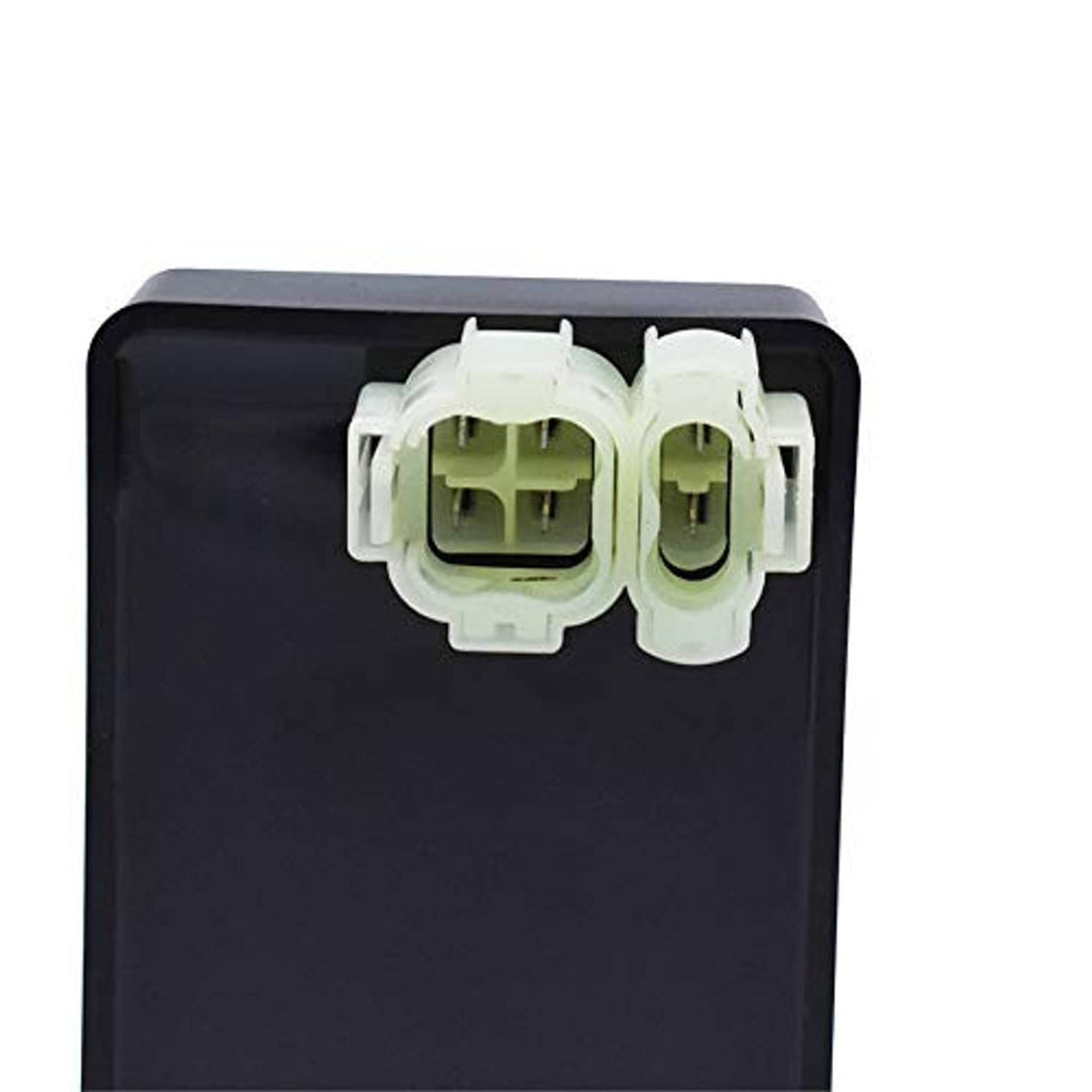 Black ignition control box with exposed white connector terminals