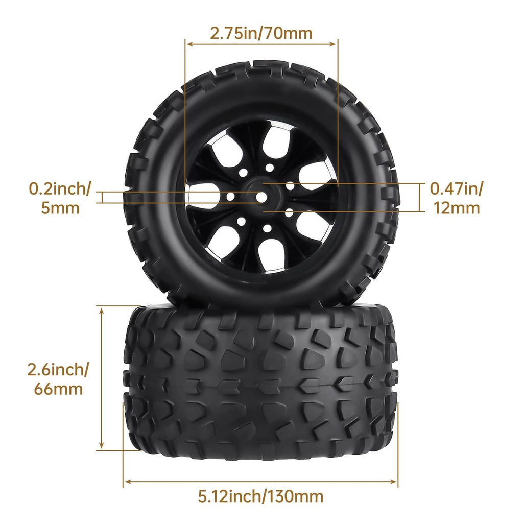 Black RC tire and wheel pair, 12mm hex; 130mm by 66mm dimensions
