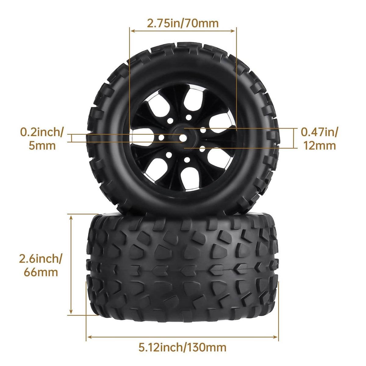 Black RC tire and wheel pair, 12mm hex; 130mm by 66mm dimensions