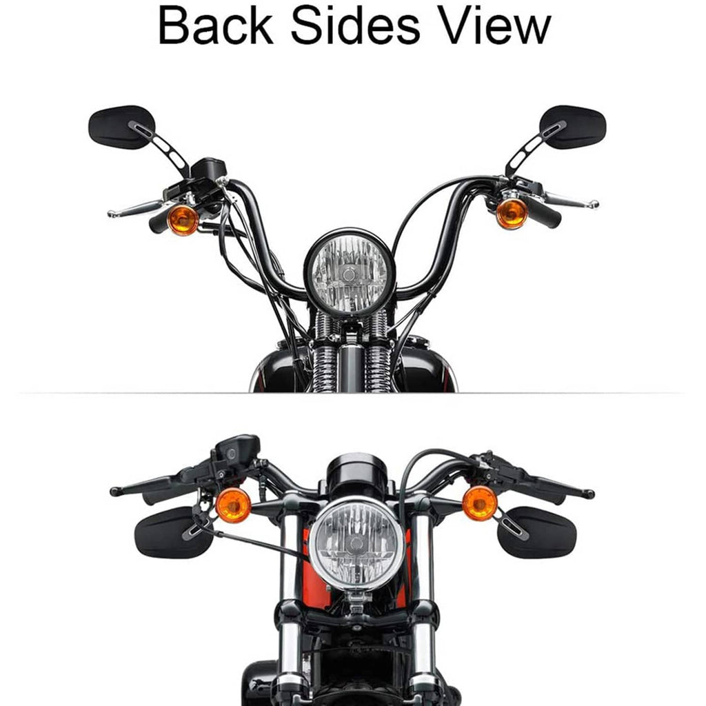 Motorcycle handlebars with black rearview mirrors shown from the back side view