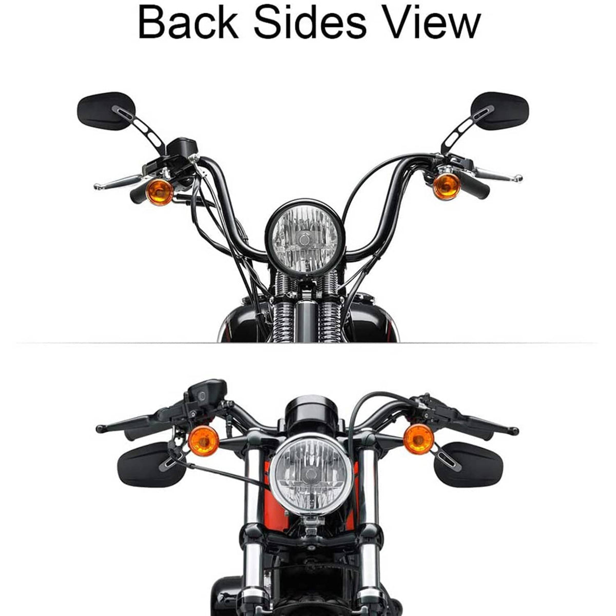 Motorcycle handlebars with black rearview mirrors shown from the back side view