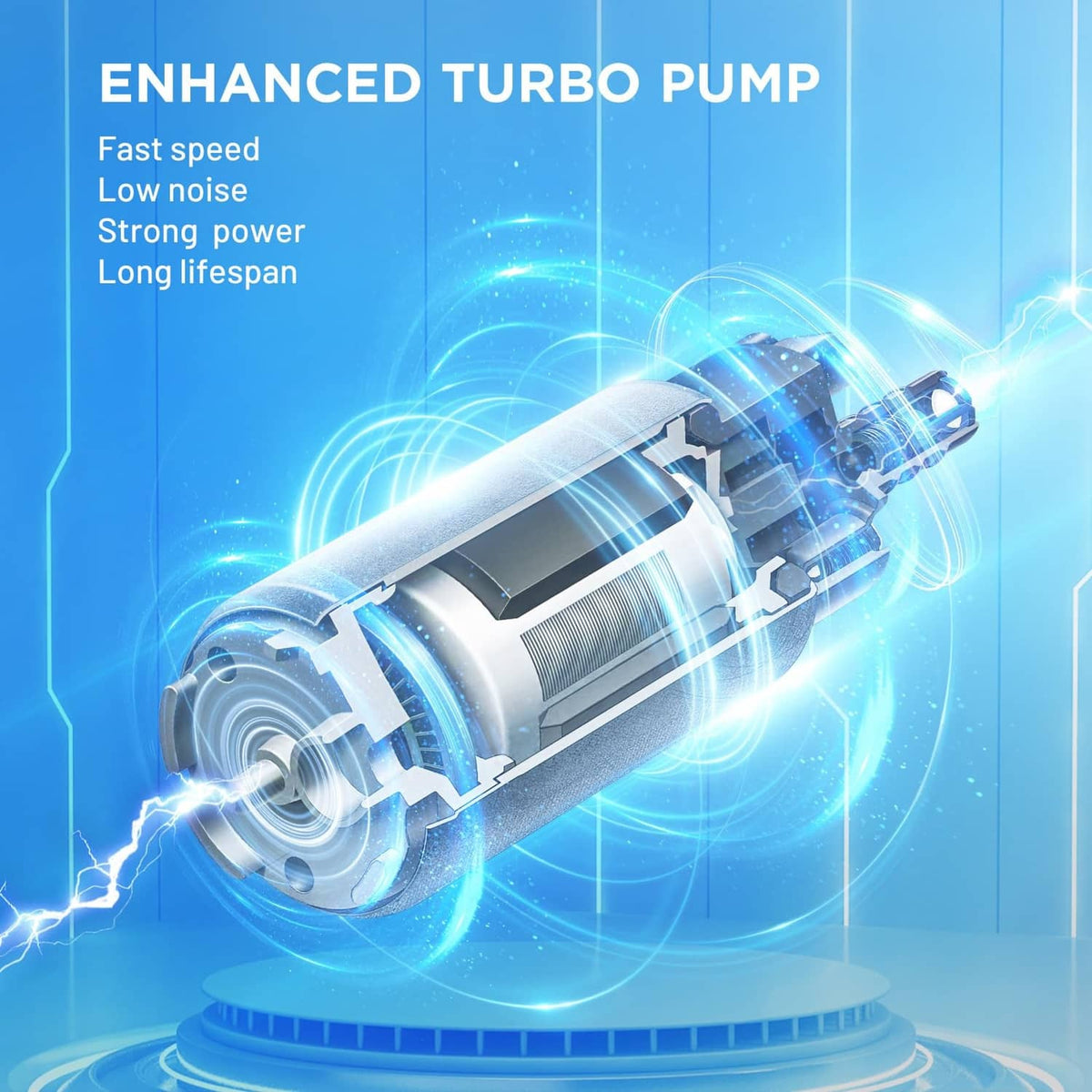 Electric fuel pump motor assembly shown in a turbo-style design graphic