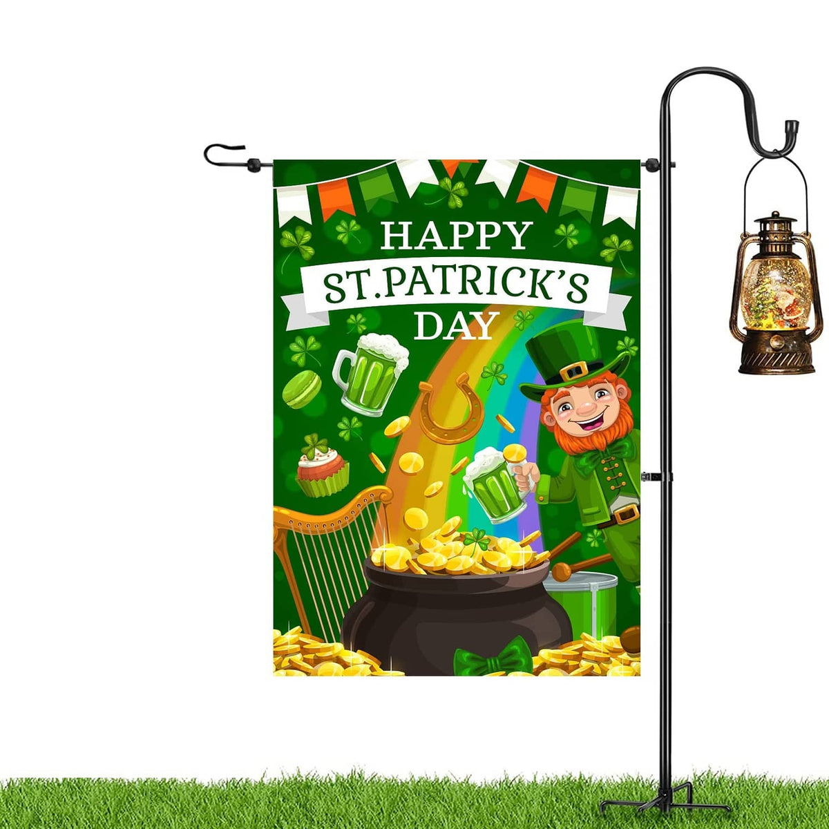 Green St. Patrick's Day garden flag with metal stake and lantern, “HAPPY ST. PATRICK'S DAY”