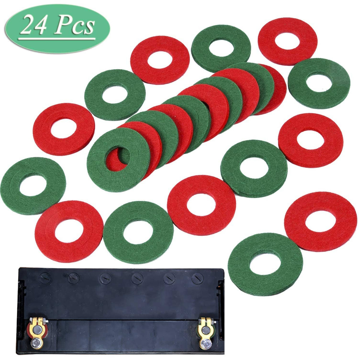Assorted red and green battery terminal anti-corrosion washers with center holes, bulk set.