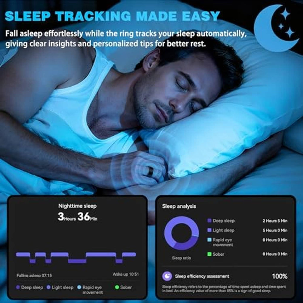 Black smart ring worn on a person’s finger while sleeping, with app-style screens below.
