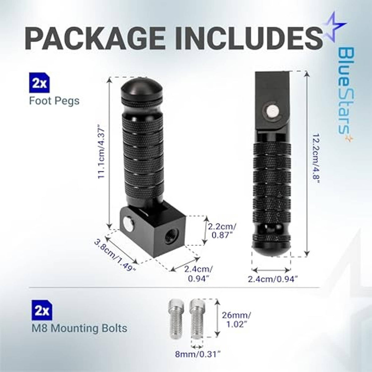 2-pack motorcycle foot pegs with included M8 mounting bolts, shown with dimensions