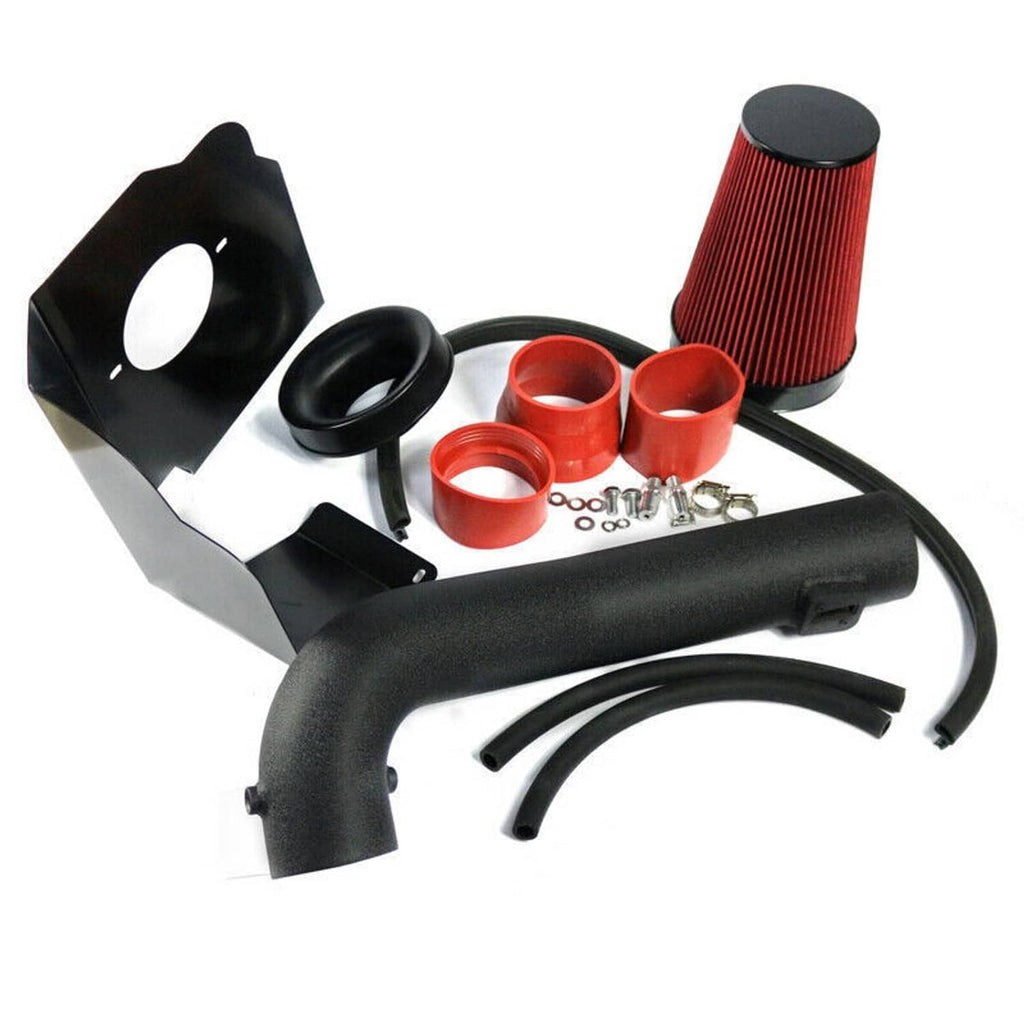 Cold air intake kit with red pleated cone filter, black intake tube, mounting hardware