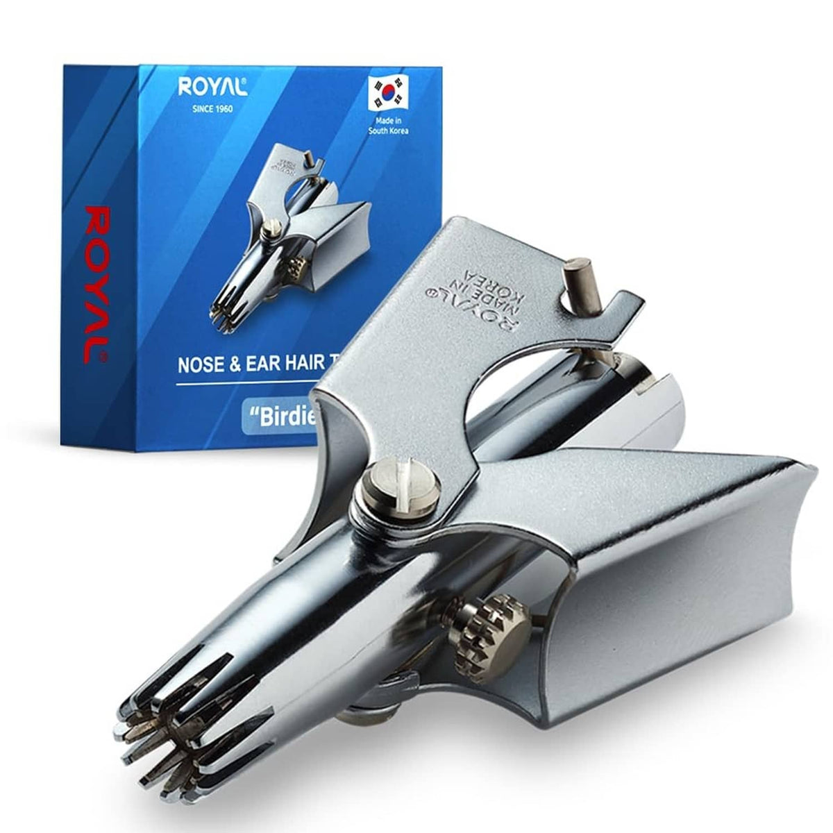 Silver manual nose and ear hair trimmer with safety guard and folding head