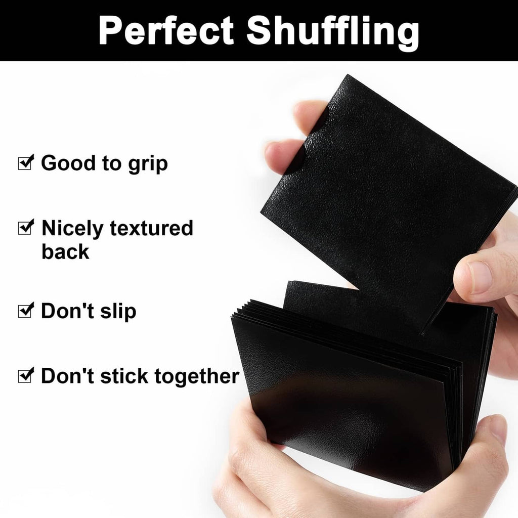 Matte black trading card sleeves with textured back; stacked sleeves ready to shuffle
