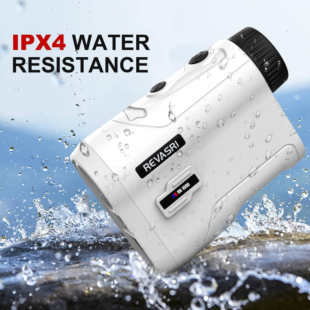 White golf rangefinder with water droplet look and IPX4 water resistance marking.