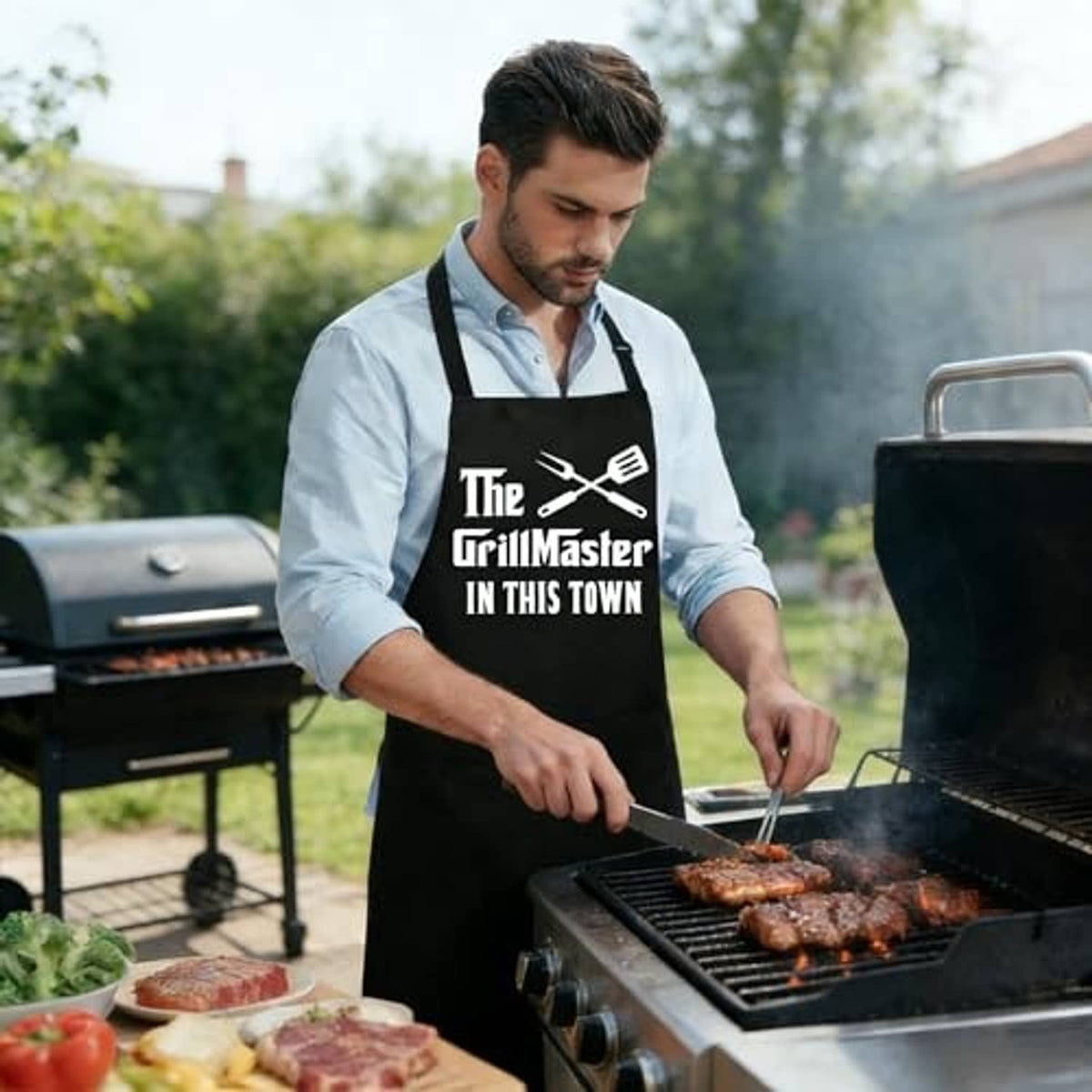 Black grilling apron with grill-themed logo graphic, worn over a light shirt.
