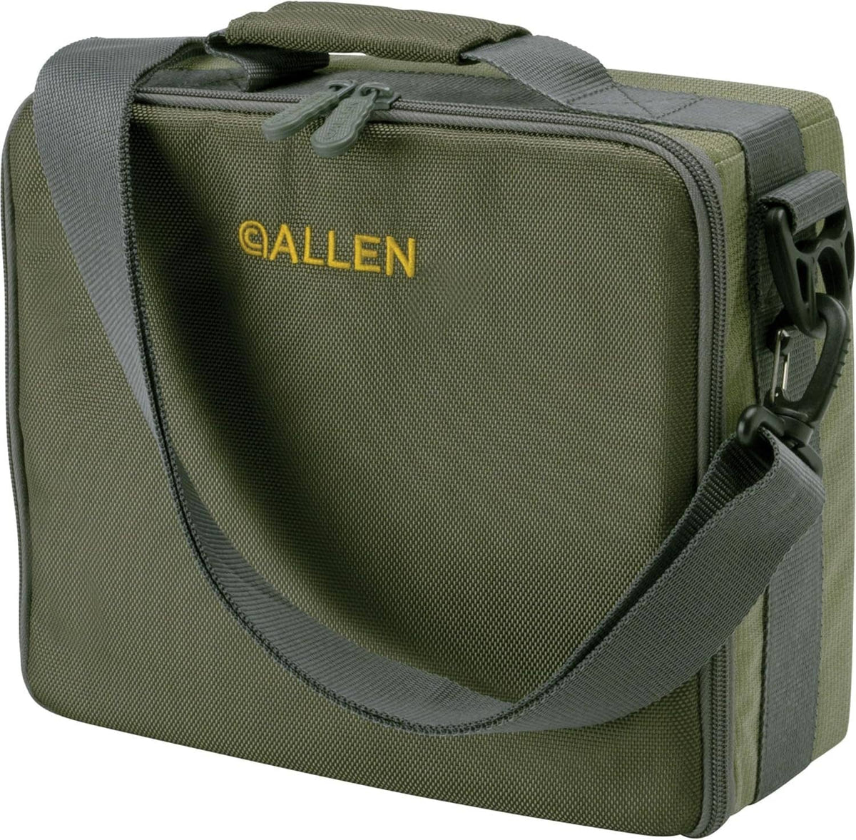 Allen olive green fishing gear bag with zipper, front logo pocket, and carry handle