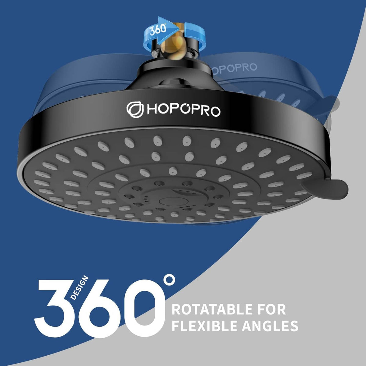 Matte black ceiling-mounted shower head with rotatable ball joint and spray nozzles