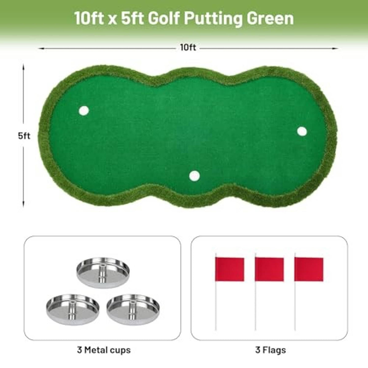 Golf putting green mat with 3 metal cups and 3 red flags on green surface