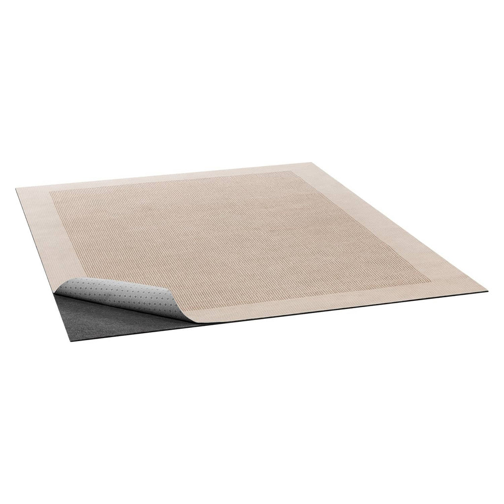 Layered non-slip rug pad felt with beige top layer and dark gray rubber grip base