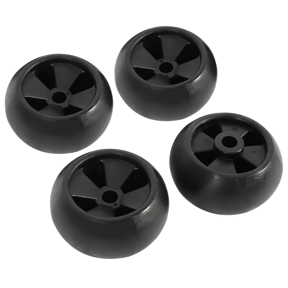 Four black mower deck wheels shown from different angles, each with center axle hole