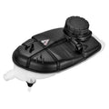 Coolant expansion overflow tank with black cap and side outlet fittings, white reservoir