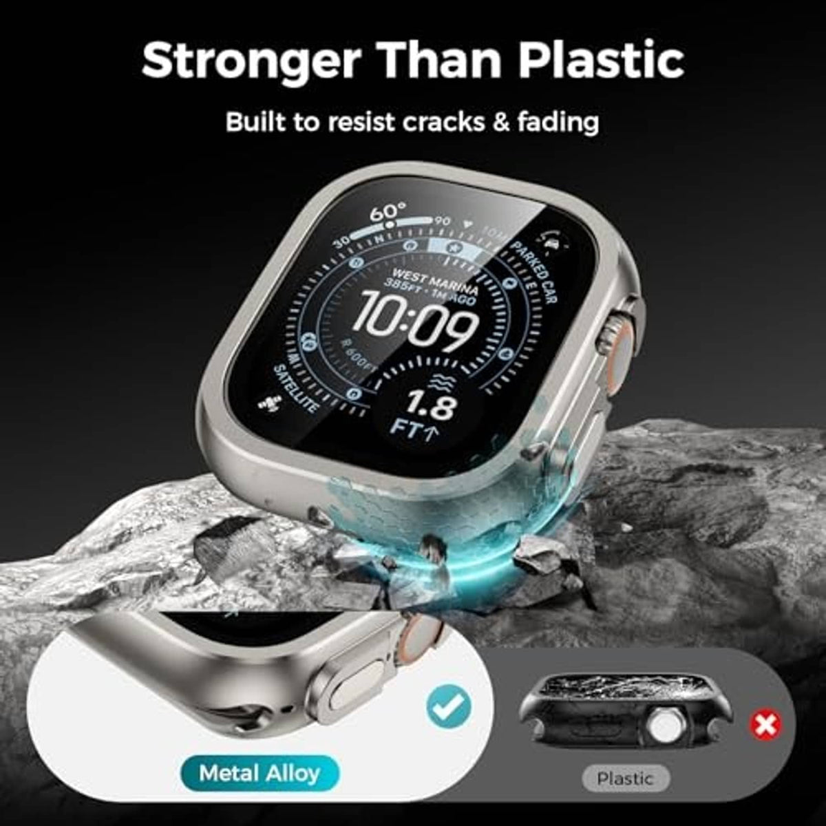 Silver metal watch case with installed screen protector, angled view
