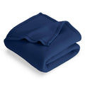 Dark blue folded blanket with smooth, soft fabric and neatly stacked edges