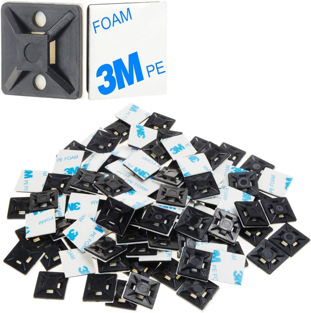 Black self-adhesive zip tie mount clips with 3M tape, foam-backed, 100 pcs