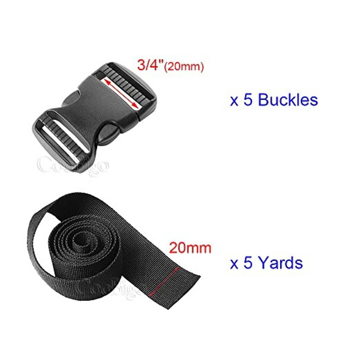 Black 3/4 in webbing strap roll with five dual adjustable side-release buckles