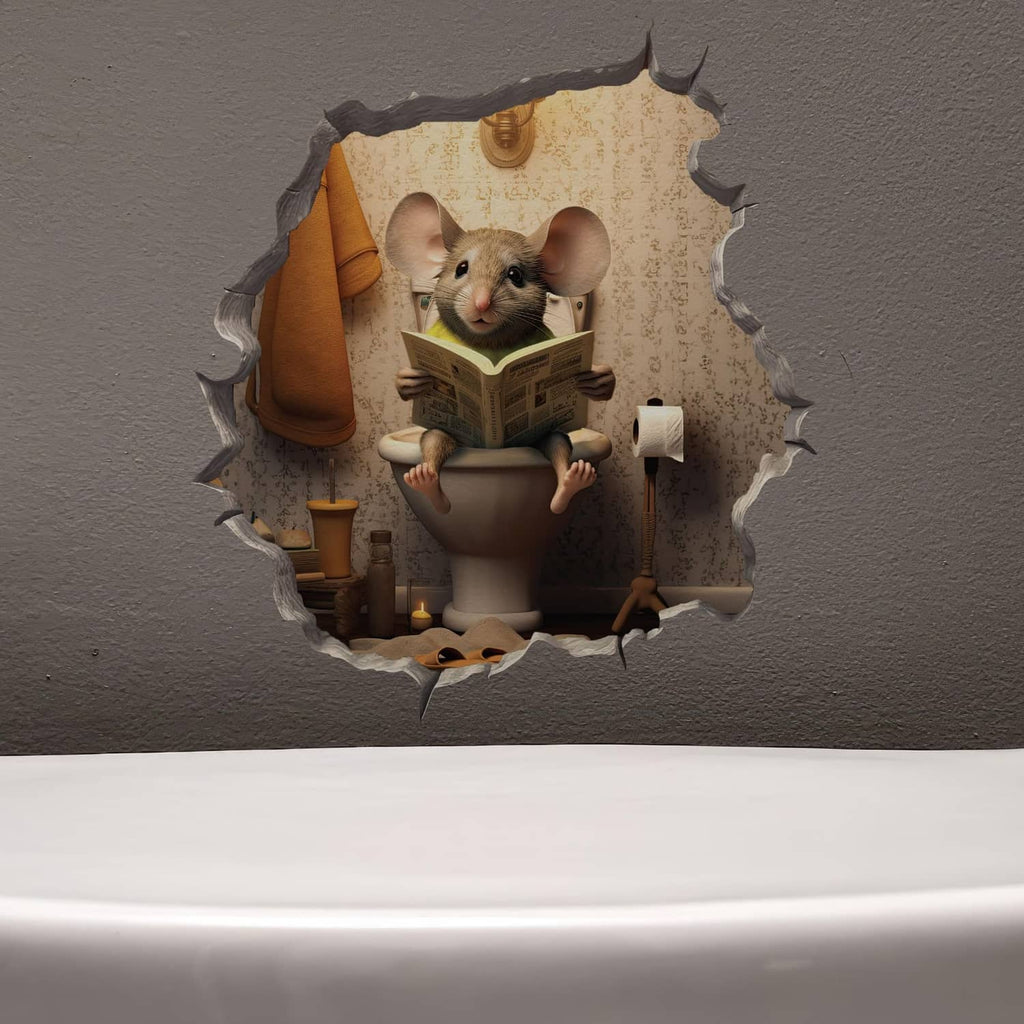 Mouse in toilet-hole decal sticker on gray wall with brown toilet and mouse reading