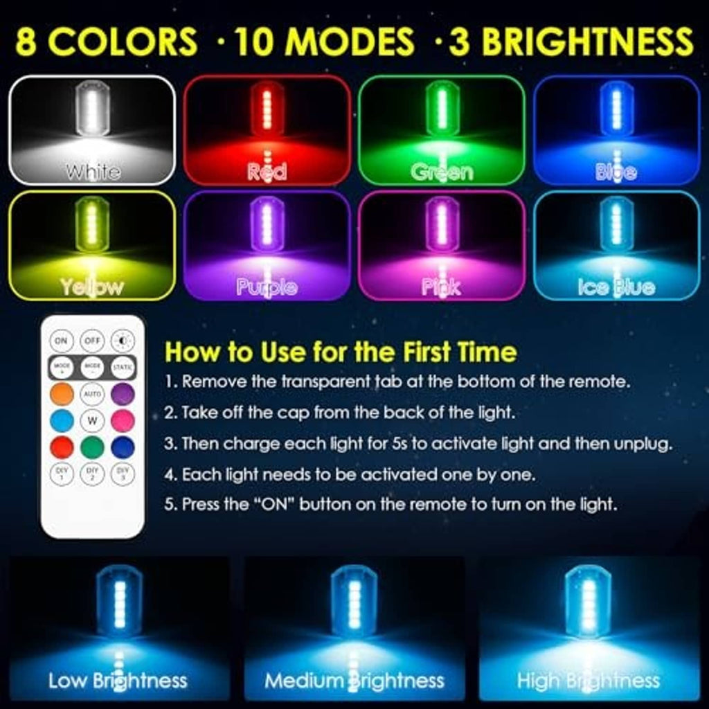 Wireless strobe remote showing 8 colors, 10 modes, and 3 brightness levels