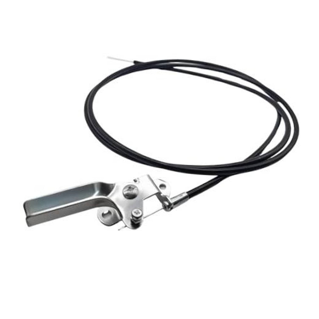 Throttle control cable replacement with black cable housing and silver metal lever clamp.