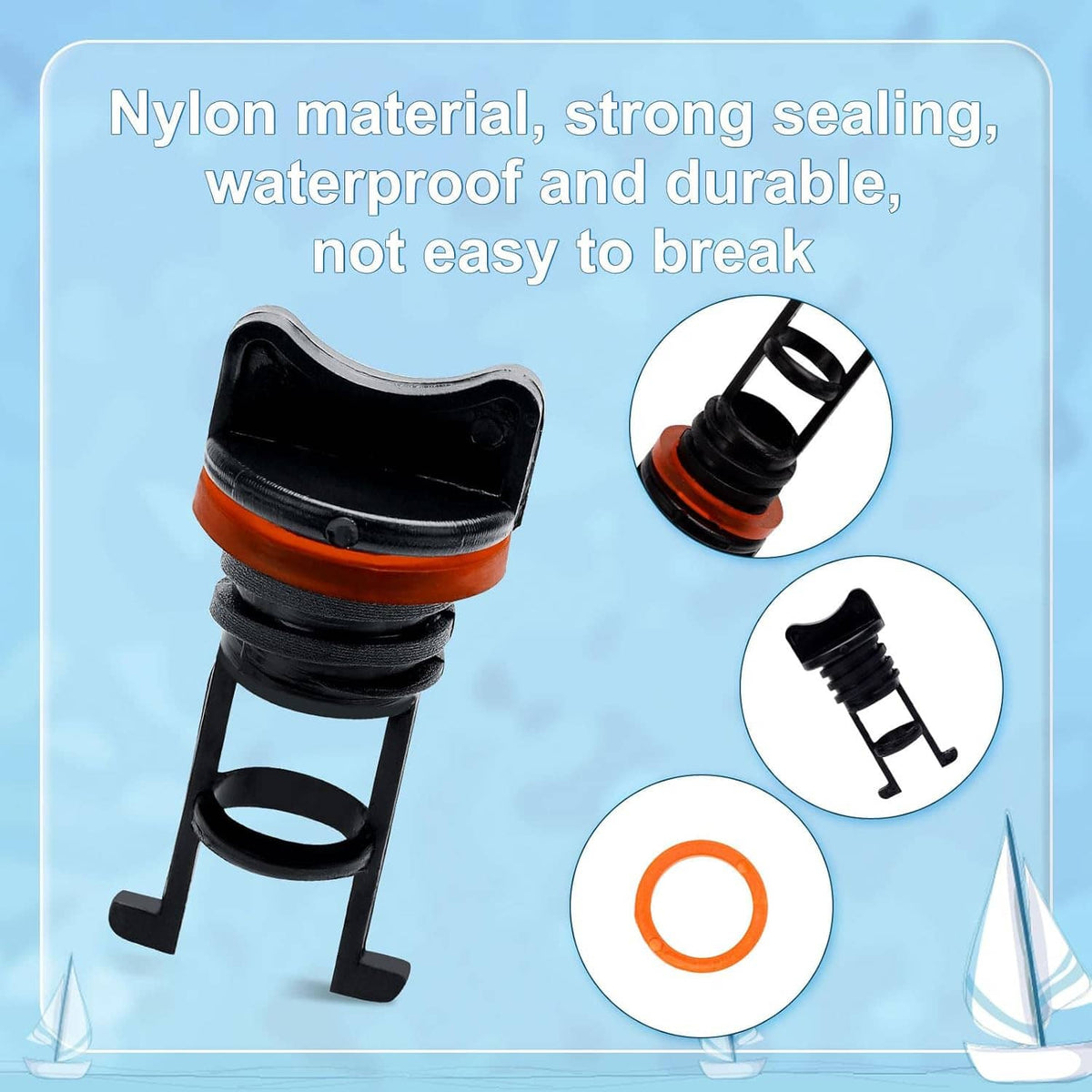 Boat drain stopper kit: black nylon thread plug with orange gasket ring and sealing clip