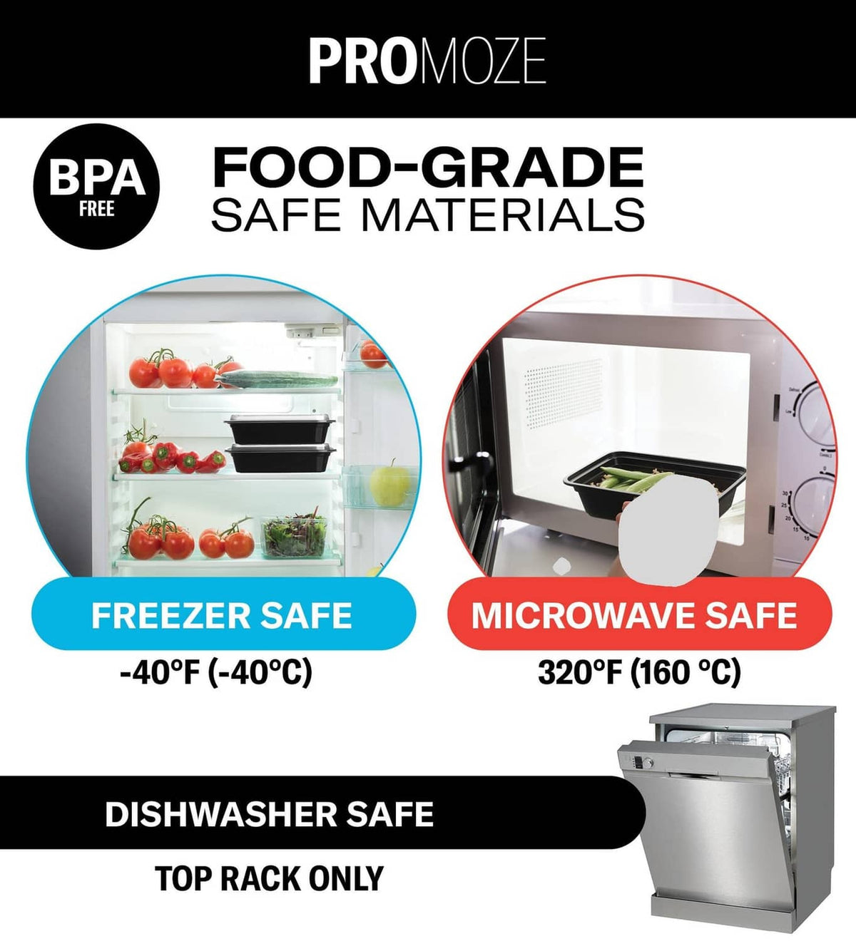 Food storage containers with clear lids, shown with freezer and microwave safety icons