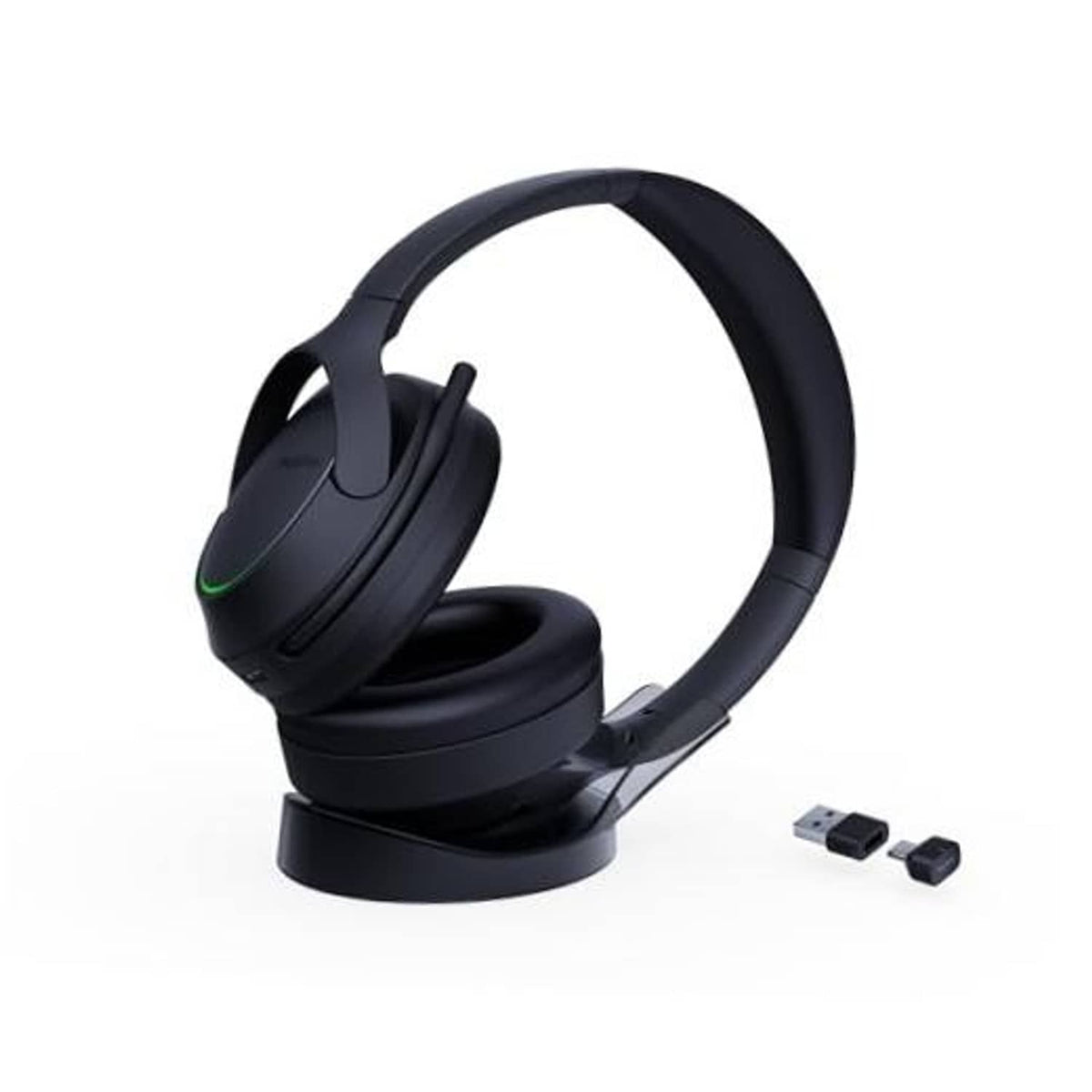 Black over-ear Bluetooth headset with boom mic and USB adapter, cushioned ear pads.