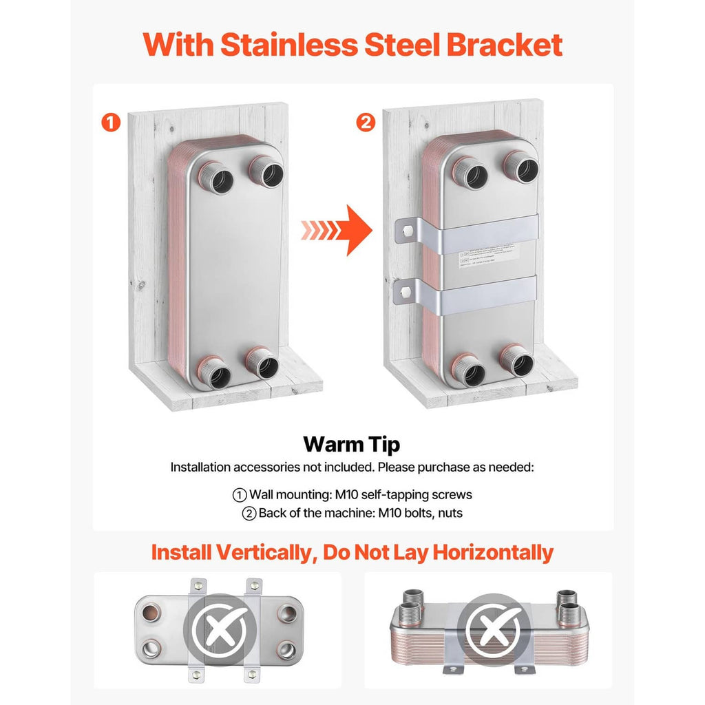 Brazed plate heat exchanger with stainless steel mounting bracket shown in steps