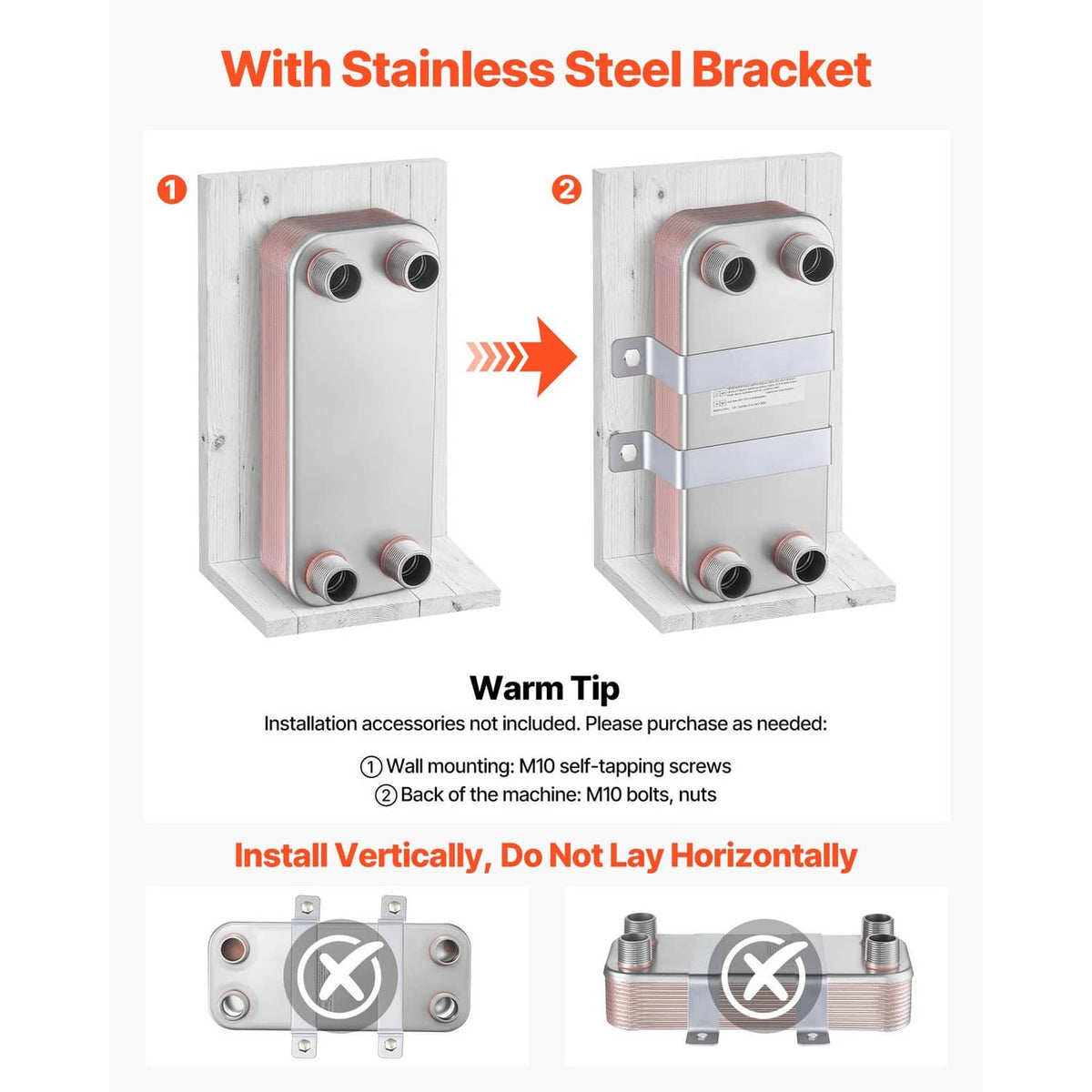 Brazed plate heat exchanger with stainless steel mounting bracket shown in steps