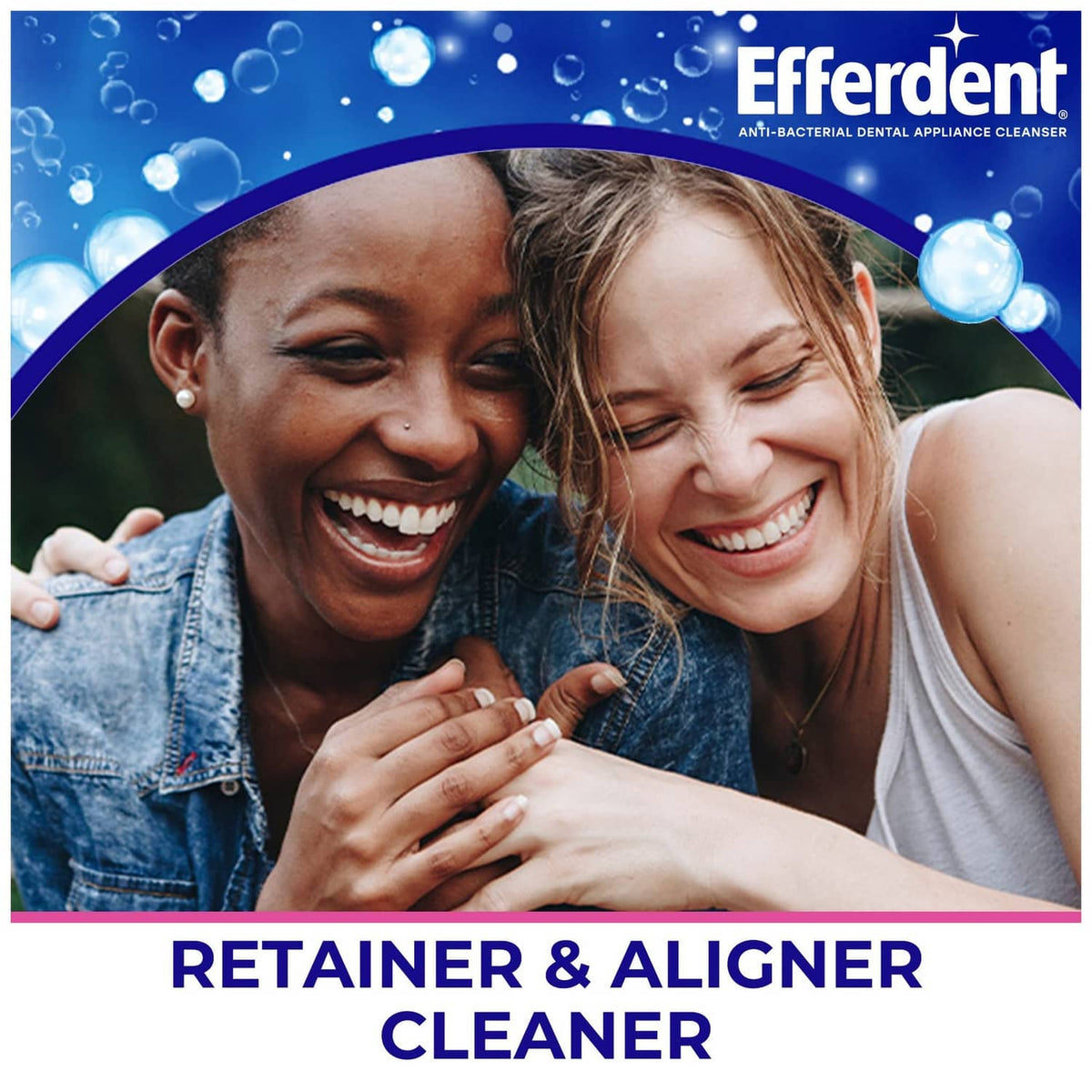 Efferdent retainer and aligner cleaner banner with smiling women