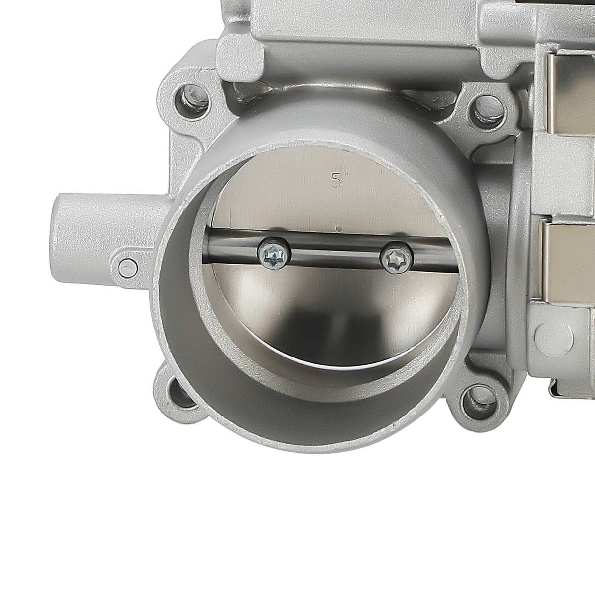 Electronic throttle body with visible screw shafts inside round throttle bore