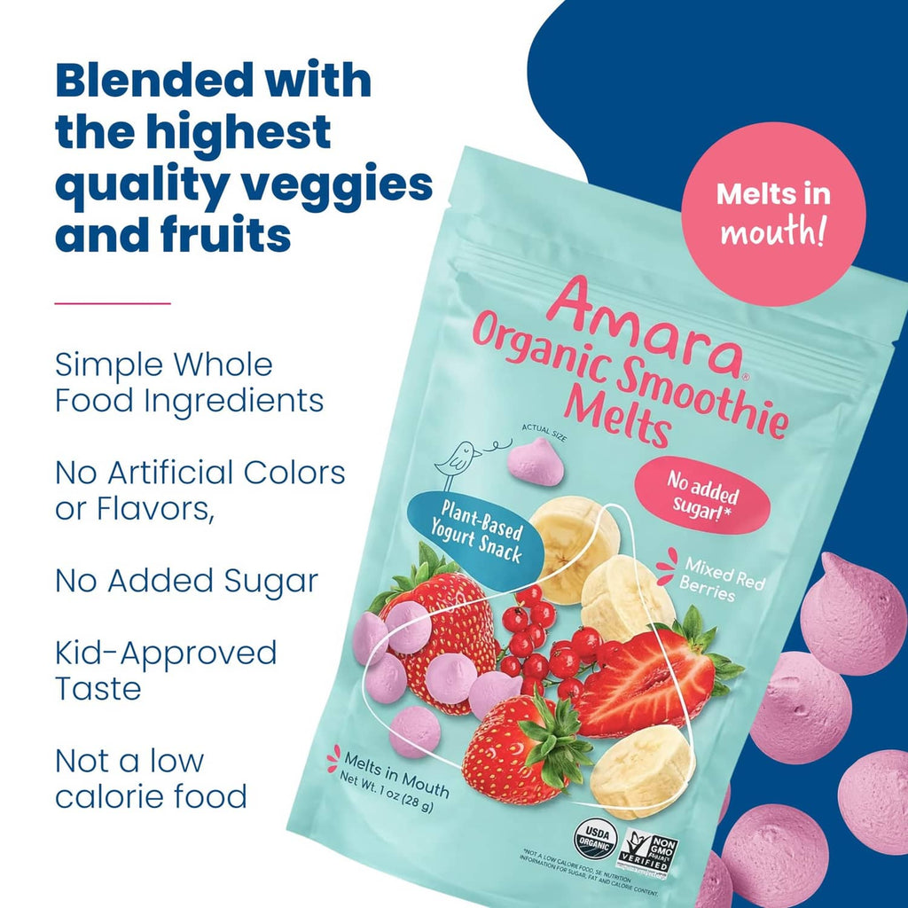 Organic smoothie melts pouch, mixed red berries, no added sugar, kid-friendly claim.