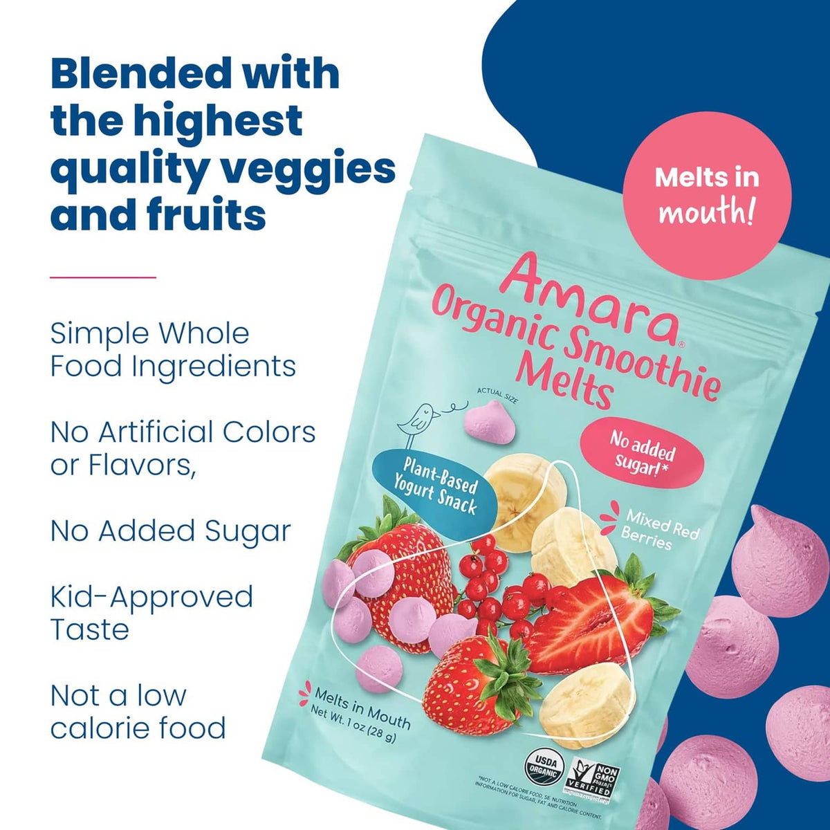 Organic smoothie melts pouch, mixed red berries, no added sugar, kid-friendly claim.