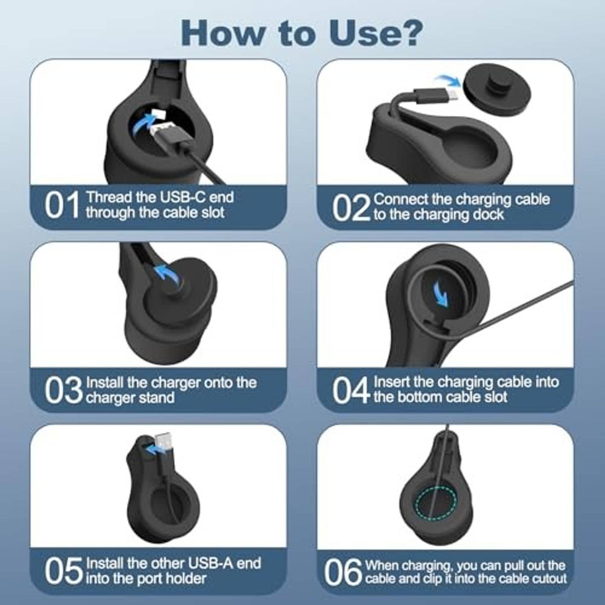 Black silicone charger stand showing cable threaded through the bottom cable slot