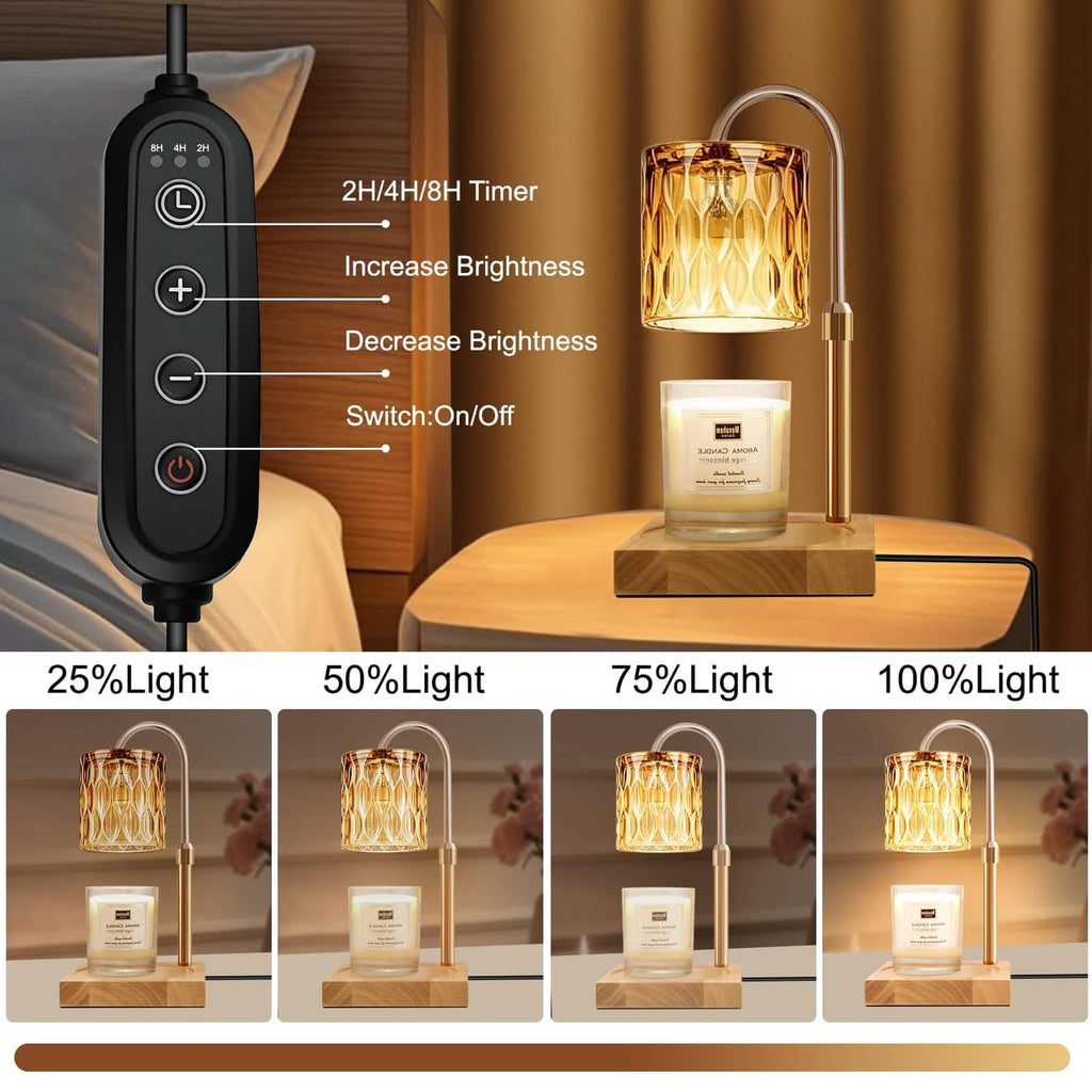 Gold candle warmer lamp with amber glass shade on wooden base and brightness timer