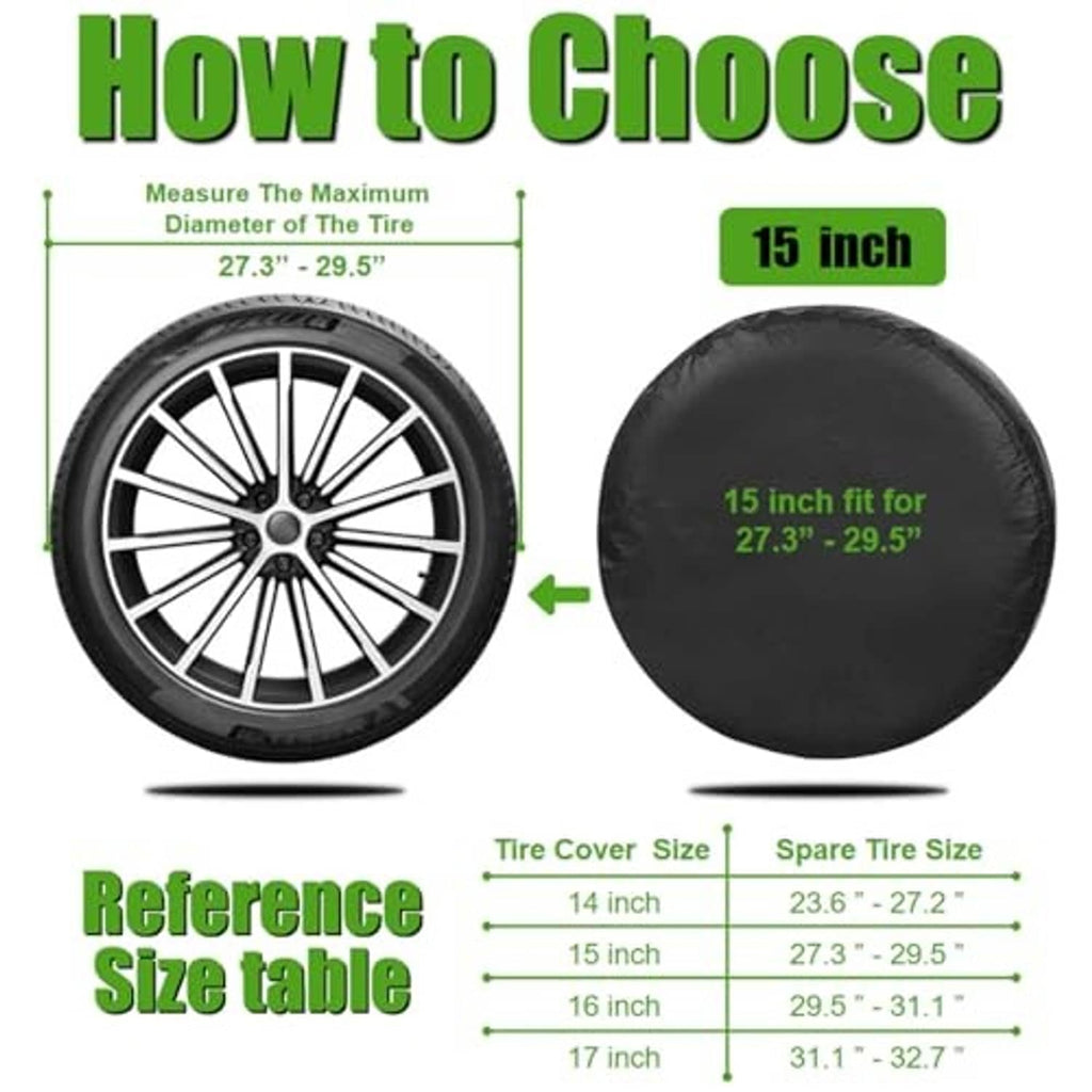 Black 15-inch spare tire cover shown with sizing guidance for 27.3–29.5 in tire