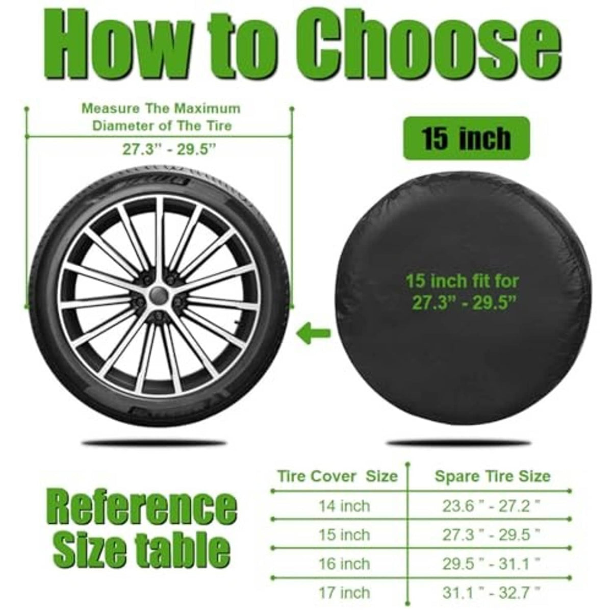 Black 15-inch spare tire cover shown with sizing guidance for 27.3–29.5 in tire