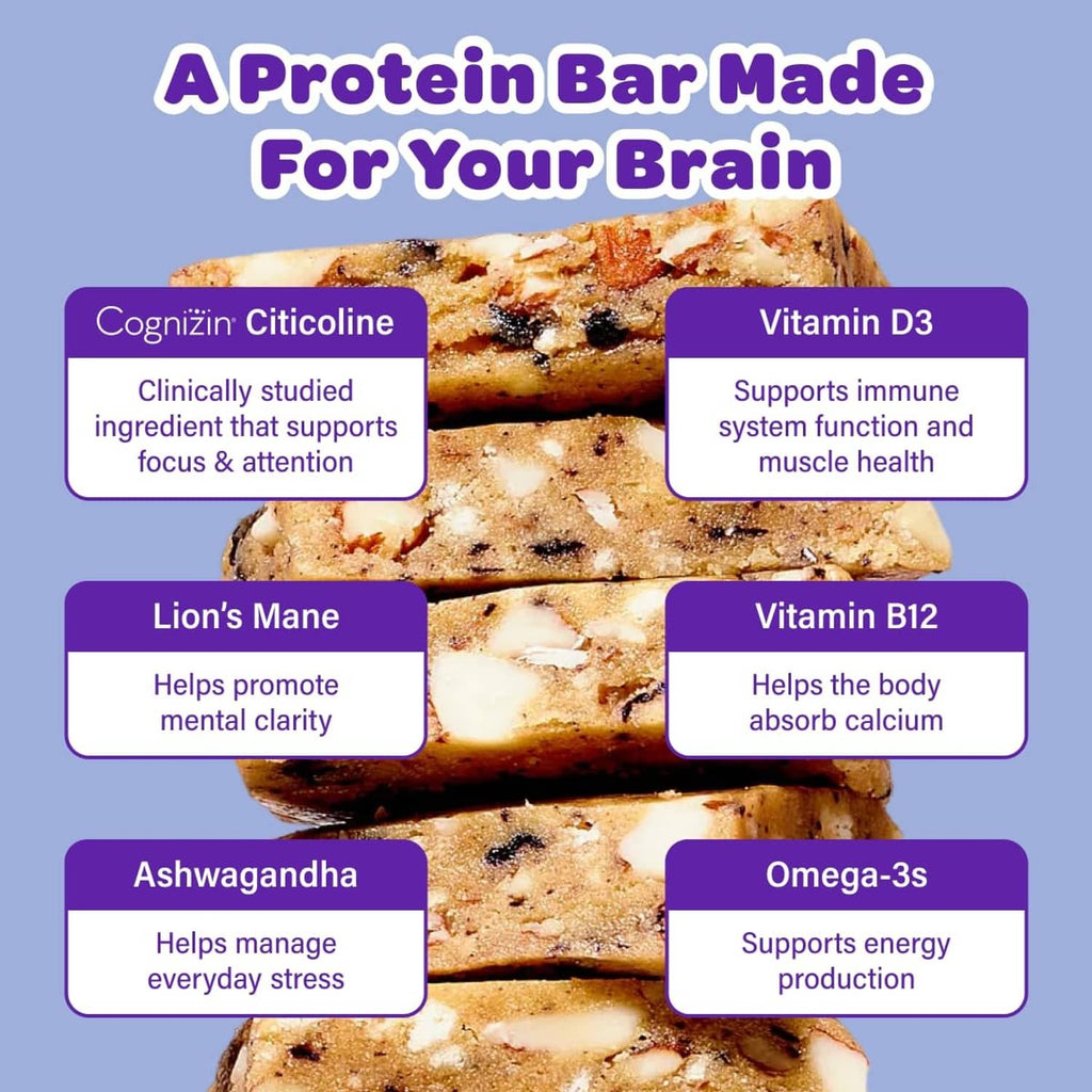 Protein bar with benefit labels: Cognizin, Vitamin D3, Lion's Mane, Ashwagandha, Omega-3s