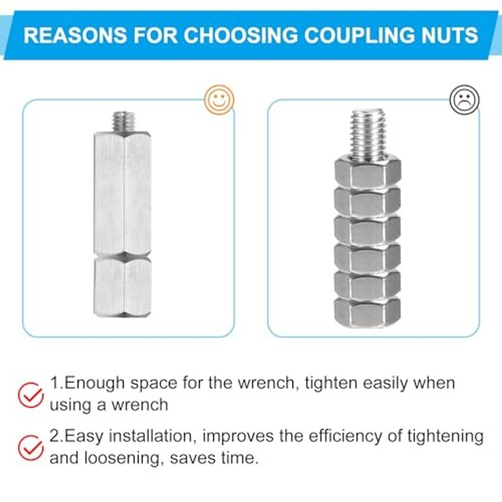 Stacked stainless steel hex coupling nuts with wrench-ready hex openings