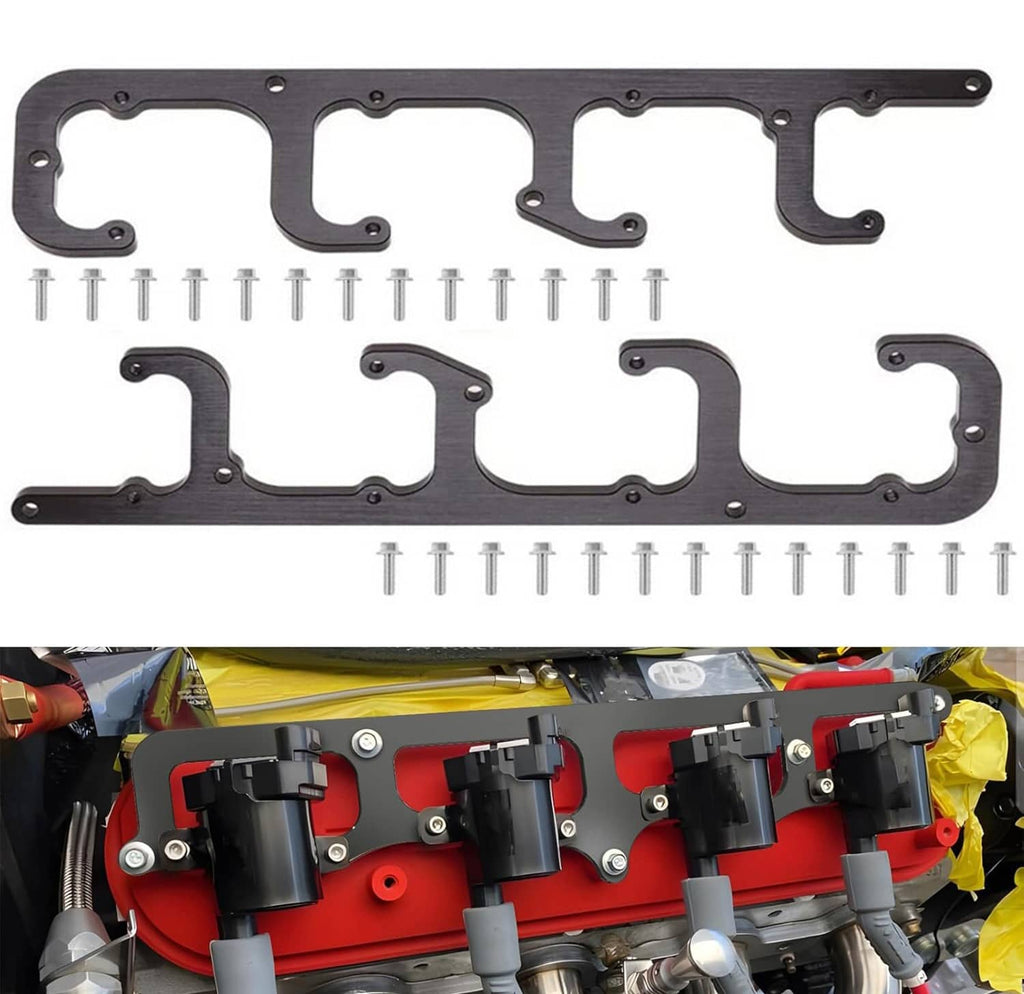 LS ignition coil guide bracket set with black metal rails and mounting holes plus screws