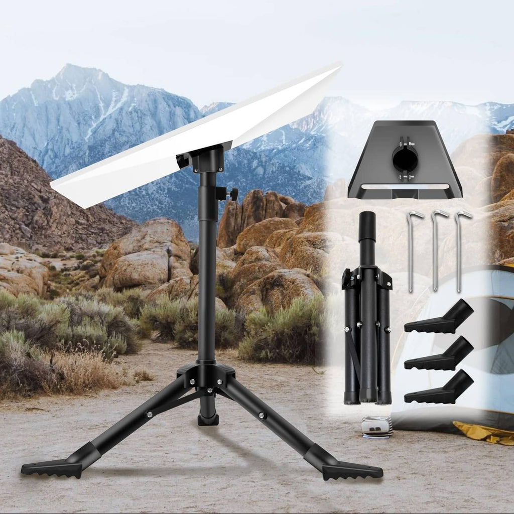 Tripod satellite dish mount with three folding legs and adjustable central pole.