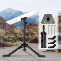 Tripod satellite dish mount with three folding legs and adjustable central pole.