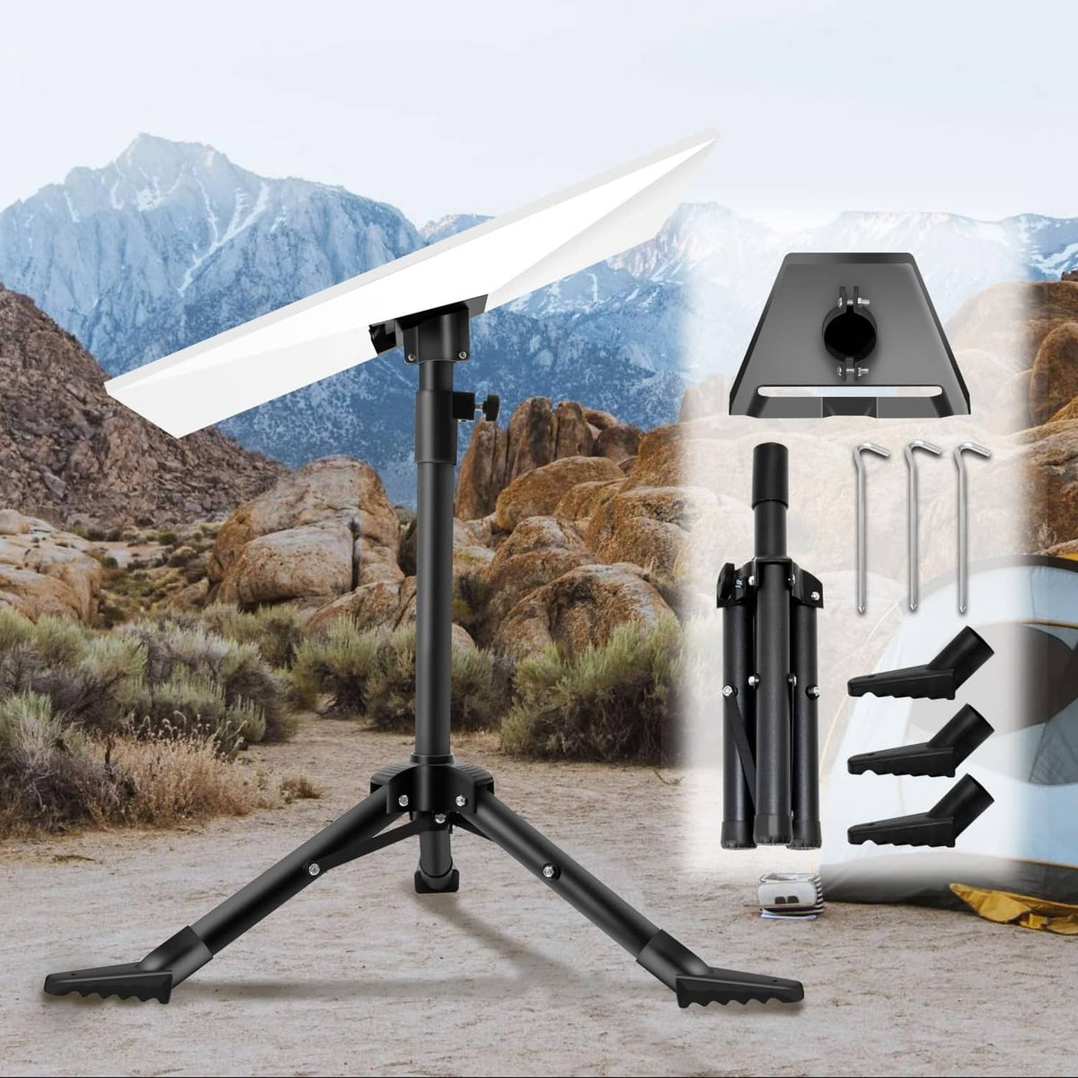 Tripod satellite dish mount with three folding legs and adjustable central pole.