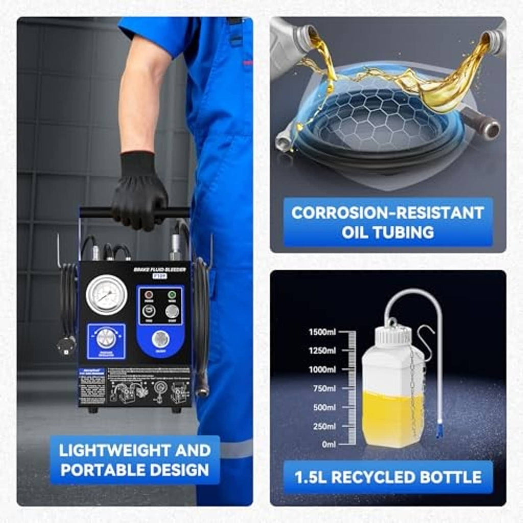 Portable electric brake bleeder with 1.5L recycled bottle and corrosion-resistant oil tubing